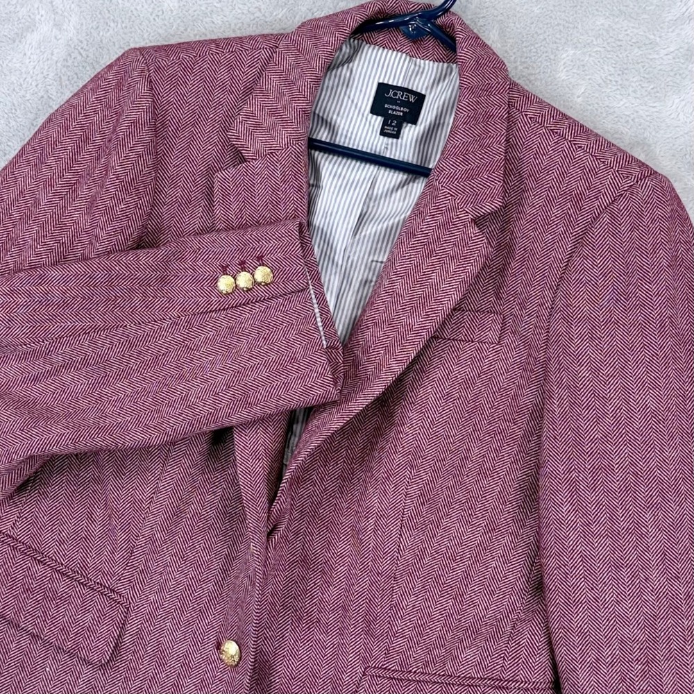 J.Crew Schoolboy Blazer Women 12 Dark Pink Herringbone Wool Blend Gold Buttons